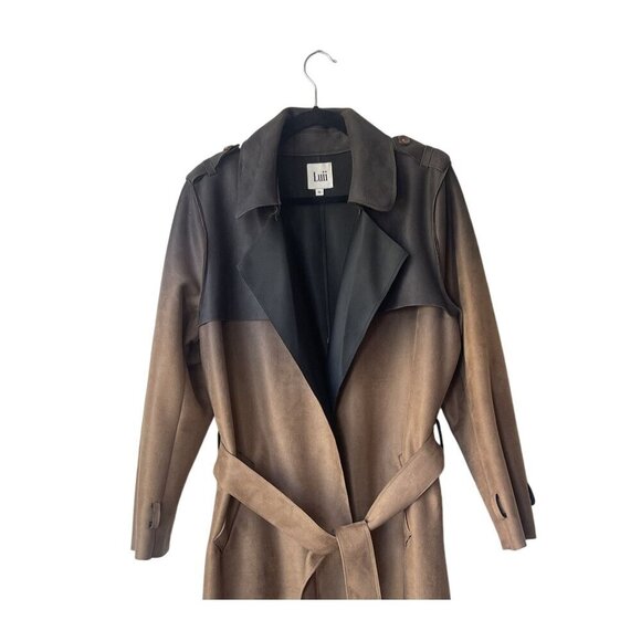 Anthropologie Luii Trench Coat Size XL Suede Ombre Belted Long Capsule Lagenlook - Picture 2 of 8